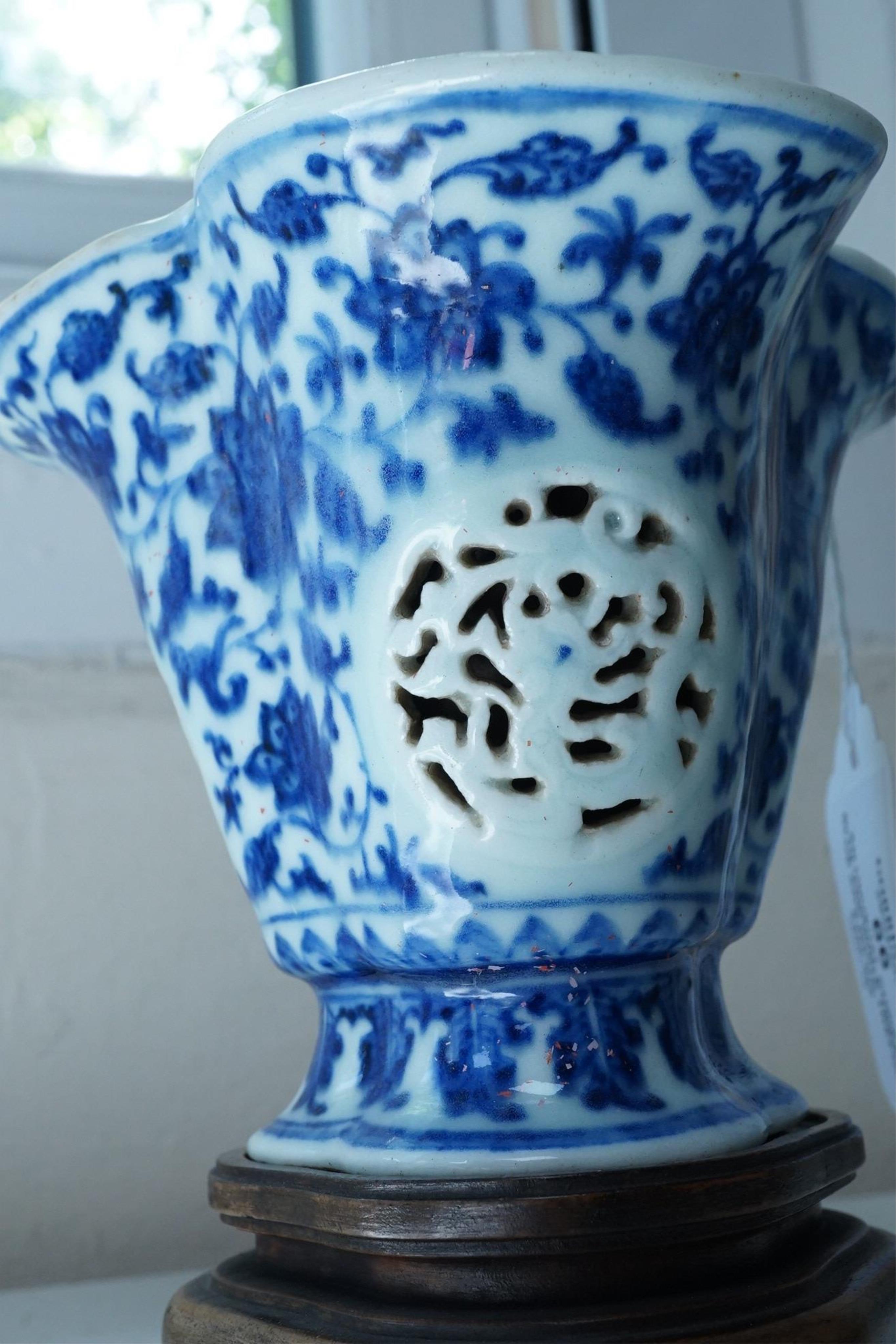 An unusual Chinese blue and white trefoil shaped double walled vase, Qianlong period